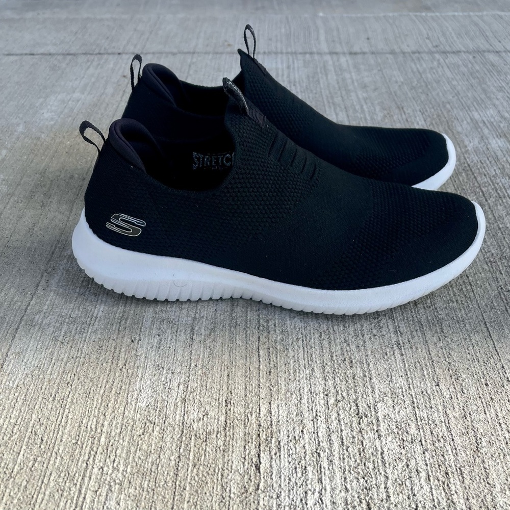 Skechers Black Slip-On Sneakers with White Soles 8.5